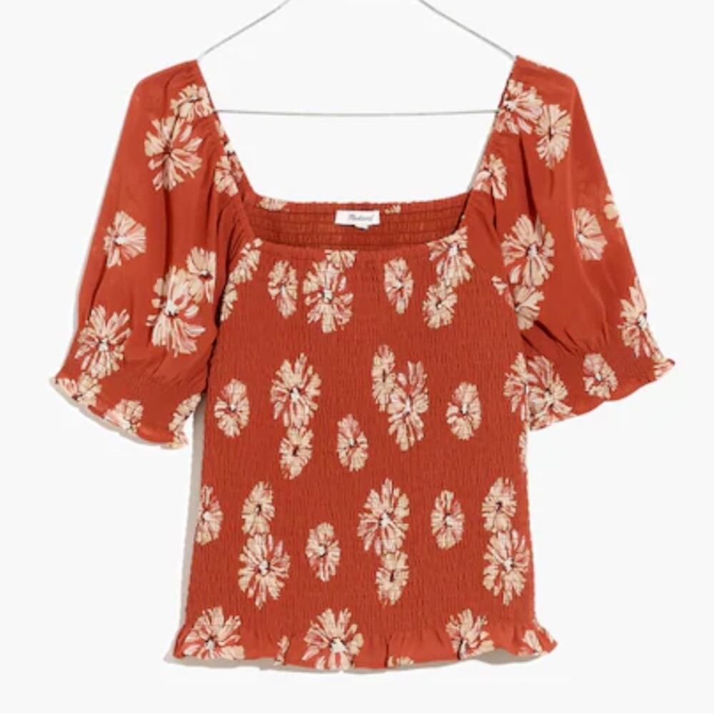 Madewell Georgette Lucie Puff-Sleeve Smocked Bodice Top - Moody Blooms